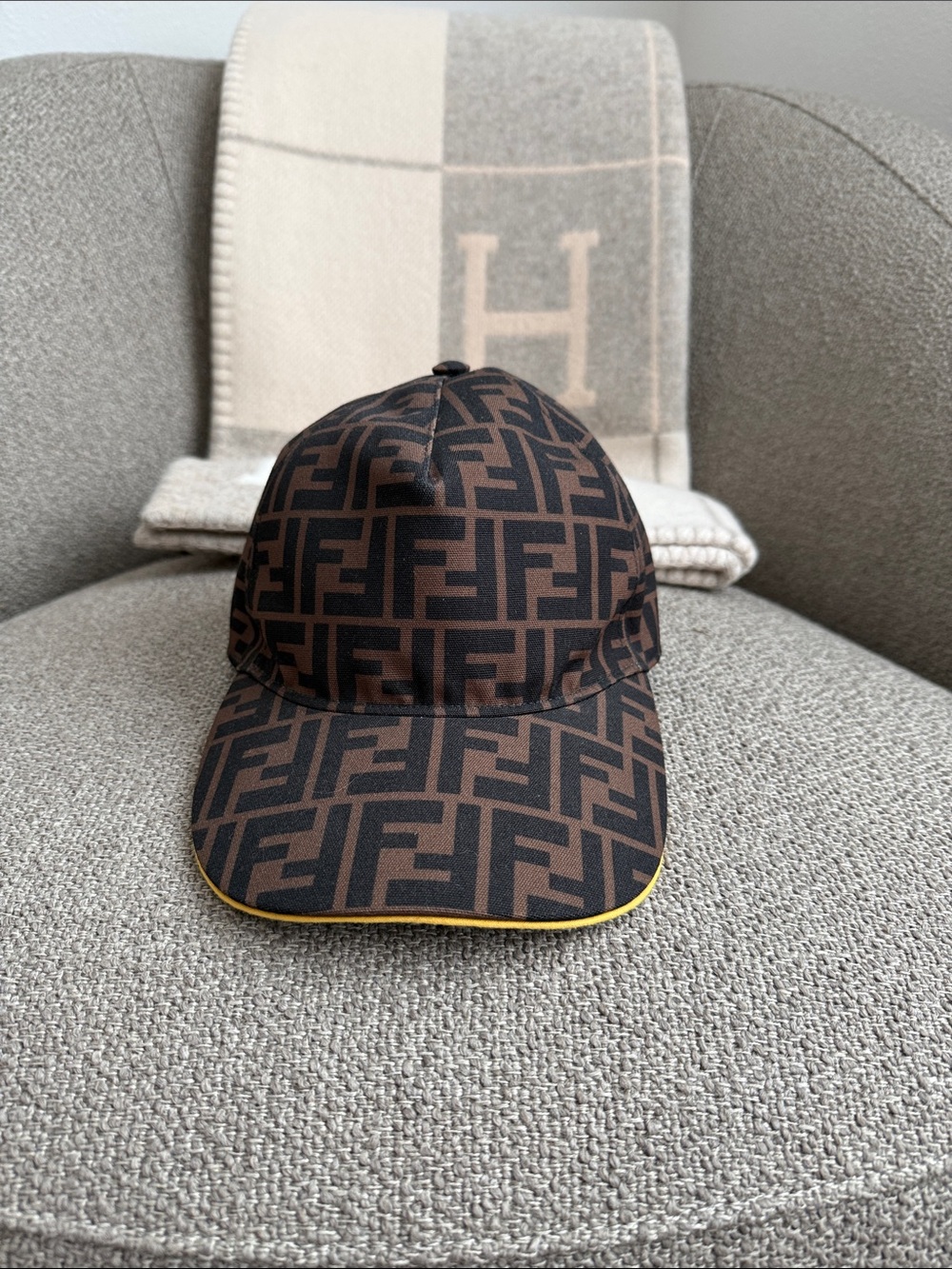 Fendi Brown and Black FF Logo Baseball Cap with Yellow Trim
